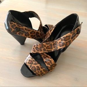 Franco Sarto Patent Leather Leopard Heel Sandal 6